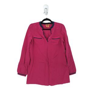 Tory Burch Women 6 Blouse Magenta Pink Contrast Long Sleeve V Neck Silk FLAW